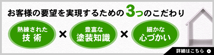 お客様の要望を実現するための3つのこだわり 熟練された 技術 豊富な 塗装知識 細かな心づかい 詳細はこちら